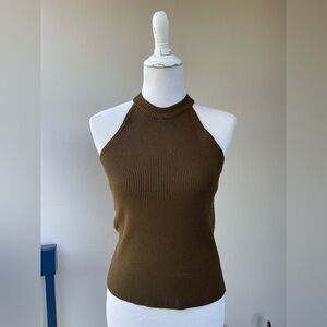 Mango Ribbed Halter Neck / High Neck Sweater / Knit Tank Top in Brown, US L
